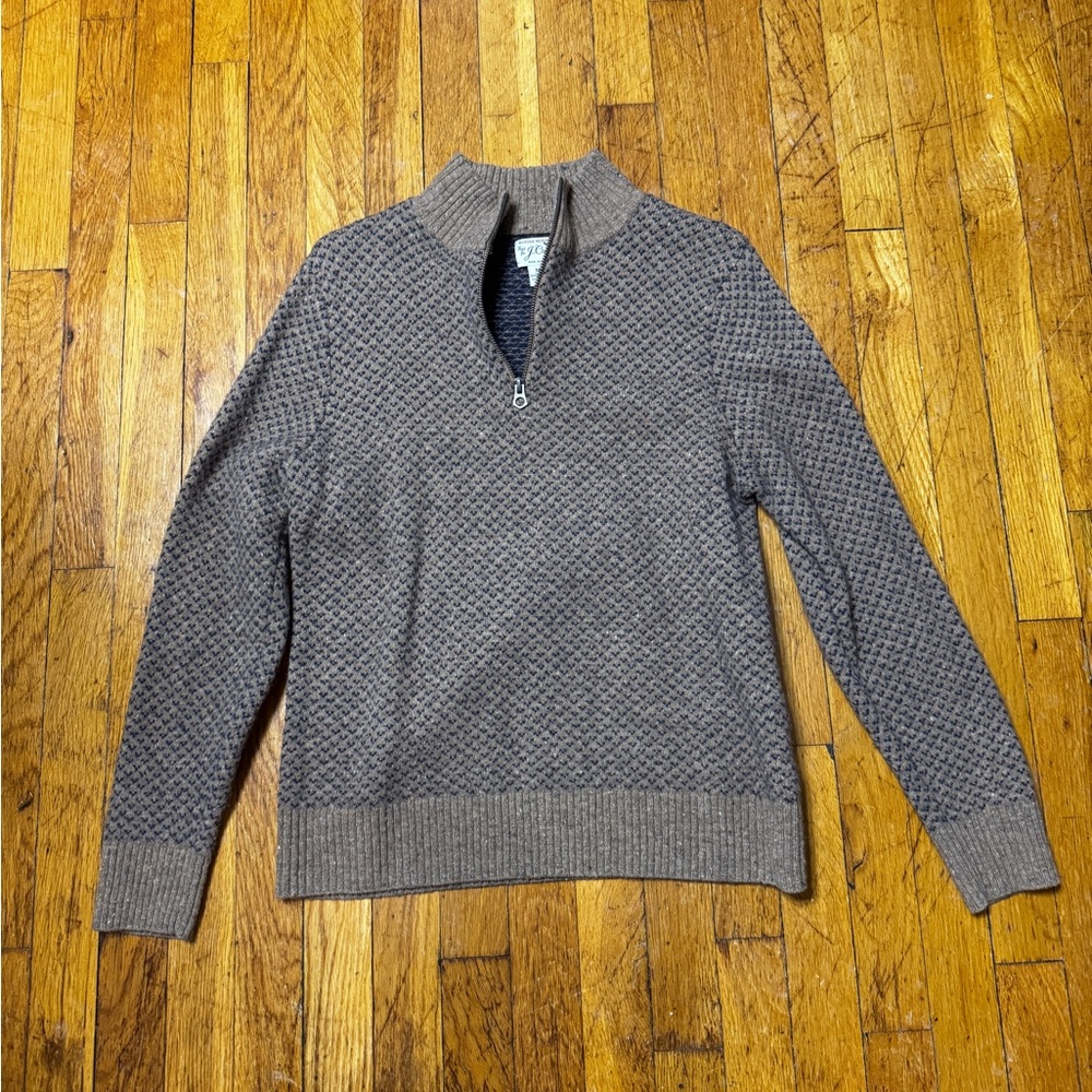 J. Crew Men's Textured Brown Navy Quarter 1/4 Zip-Up Wool Blend Sweater